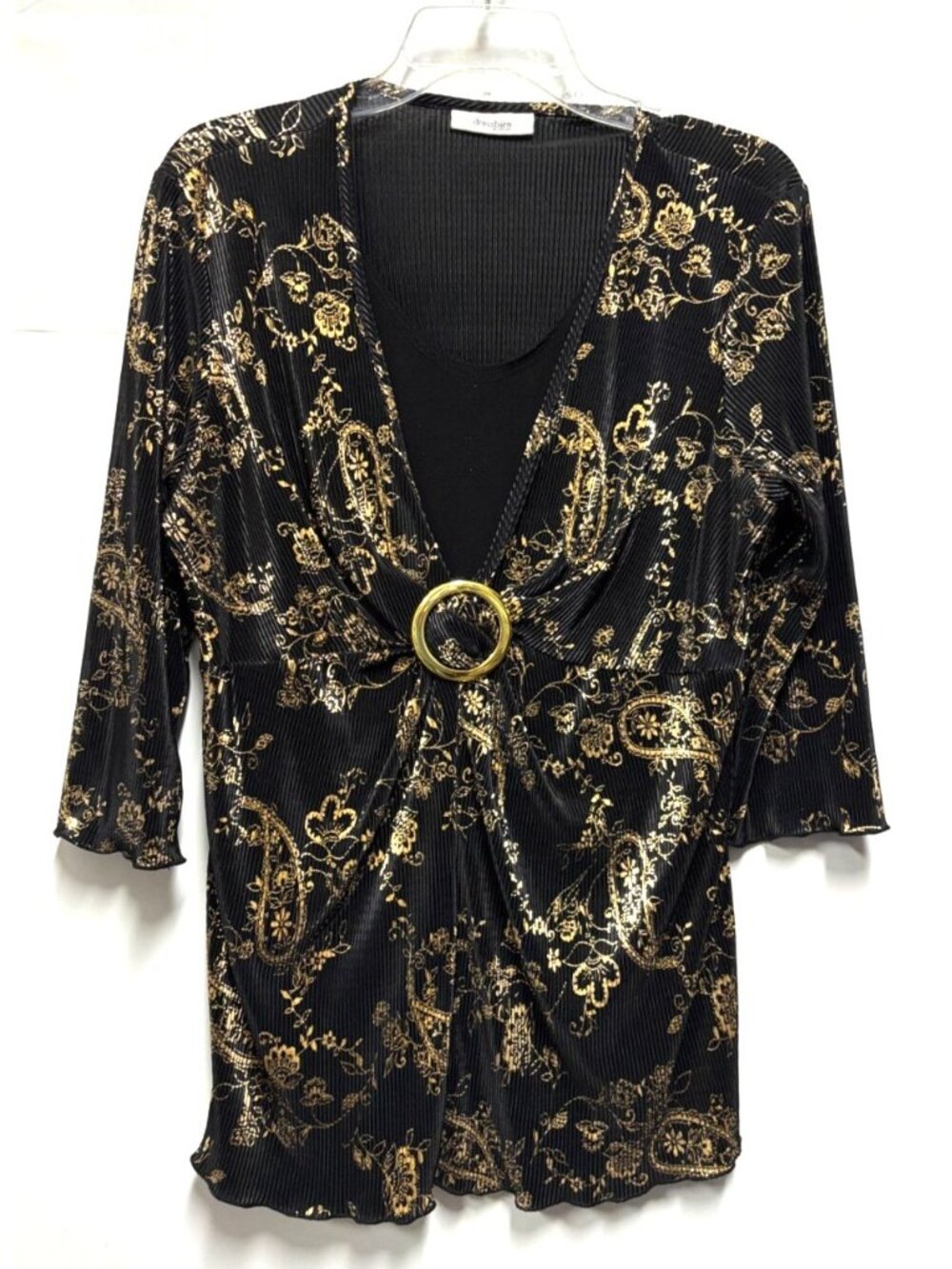 Dressbarn Black & Gold Paisley Top Large Gathered Front 3/4 sleeves
